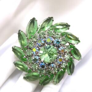 Vintage Peridot Green Rhinestone Domed Brooch, Aurora Borealis, 1960s